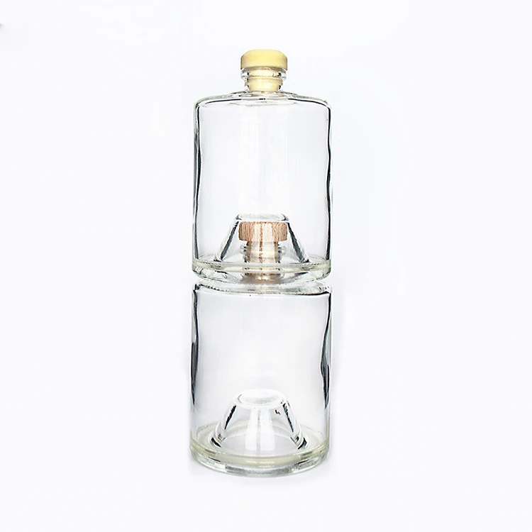 Unique 375ml 125oz Stackable Glass Whisky Foldable Bottle With Real Wooden Cork Lid For Spirits 2430