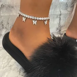 Best Selling Jewelry Iced Out Diamond Link Butterfly Anklet Bling Rhinestone Crystal Tennis Chain Butterfly Ankle Bracelet