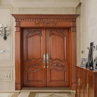 HS-BS0010 factory price simple carving main entrance double entry solid teak wood door designs