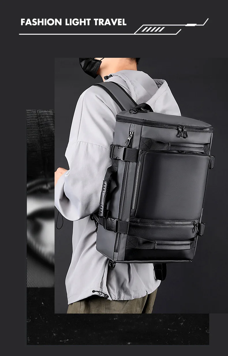 Men's Large Capacity Waterproof GPS Backpack Multifunctional PU Laptop Bag Zipper Handheld Business Travel Crossbody Polyester