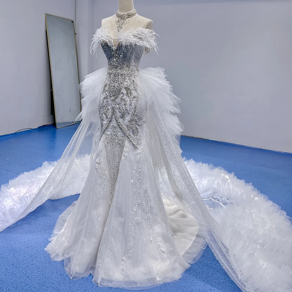 mermaid style wedding dress with feathers Tina Holly TW121W Long 3D Lace Mermaid Detachable Sleeves Wedding Dress