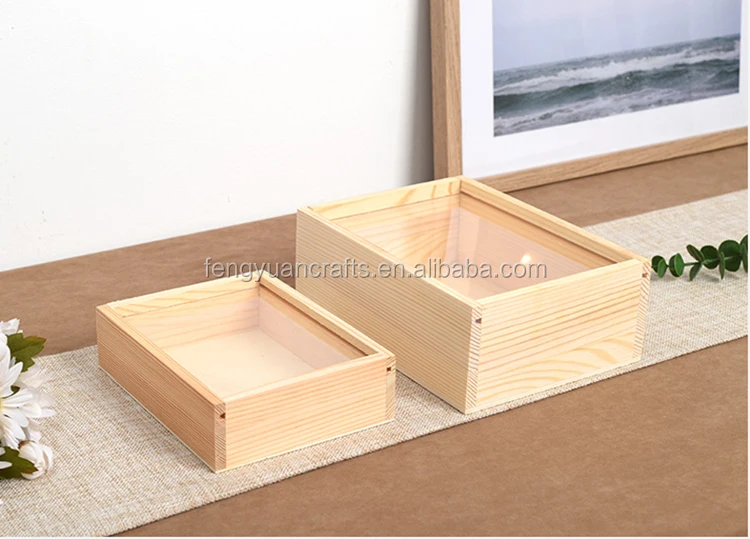 Cheap Unfinished Pine Wooden Gift Boxes With Clear Acrylic Sliding Lid