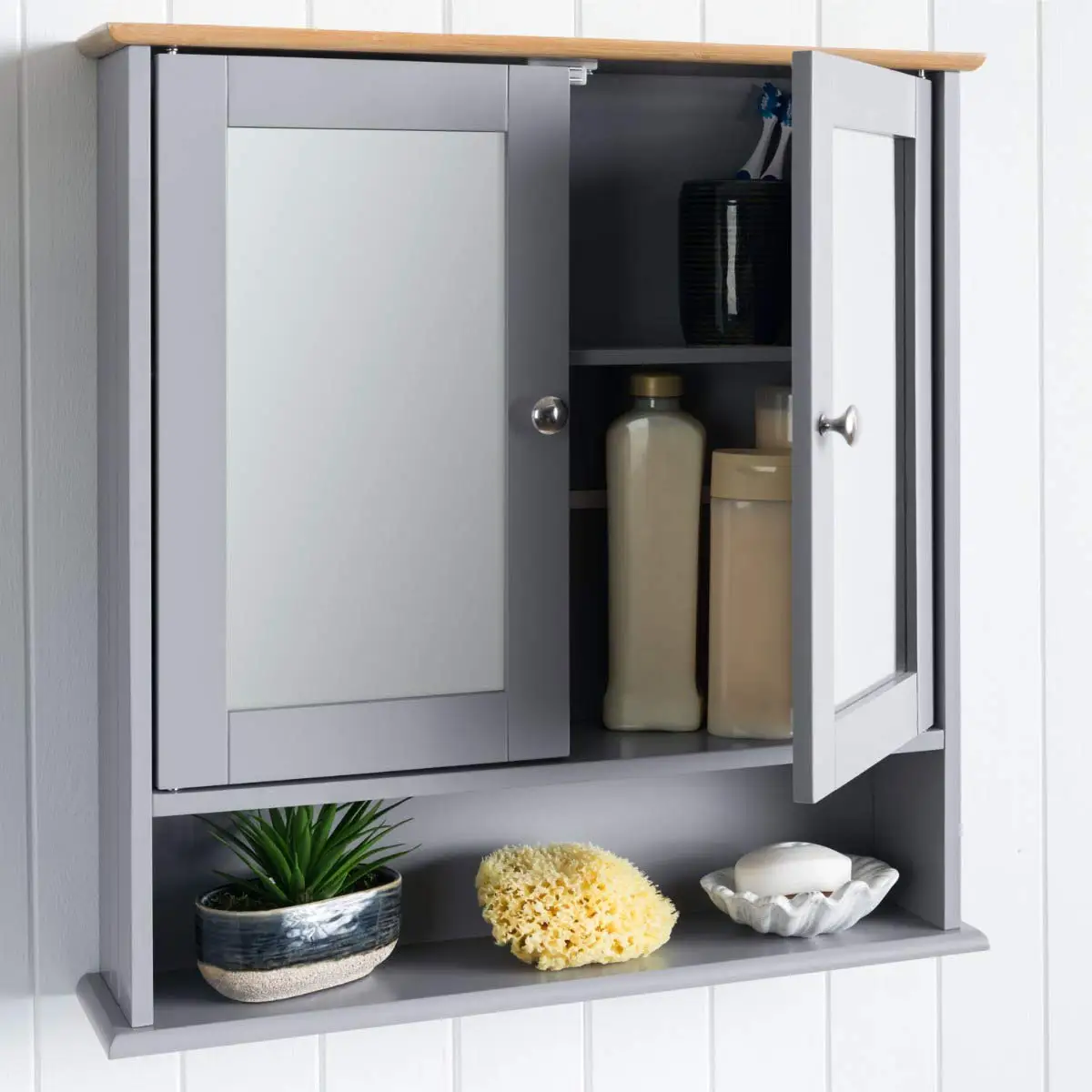 Modern Mdf Wooden Gray Double Mirror Bathroom Wall Mounted Storage