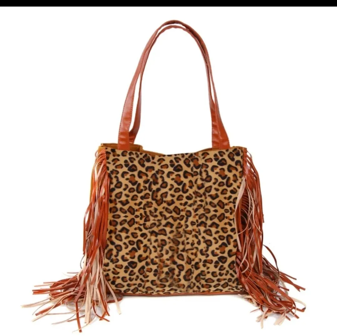 Leopard print rainbow tote hobo bag women sling shoulder handbag with tassel