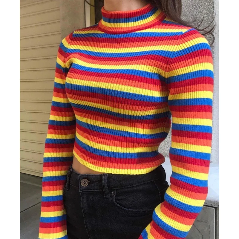Hot Selling Long Sleeve Rainbow Striped Slim Sweater Women's Pullover