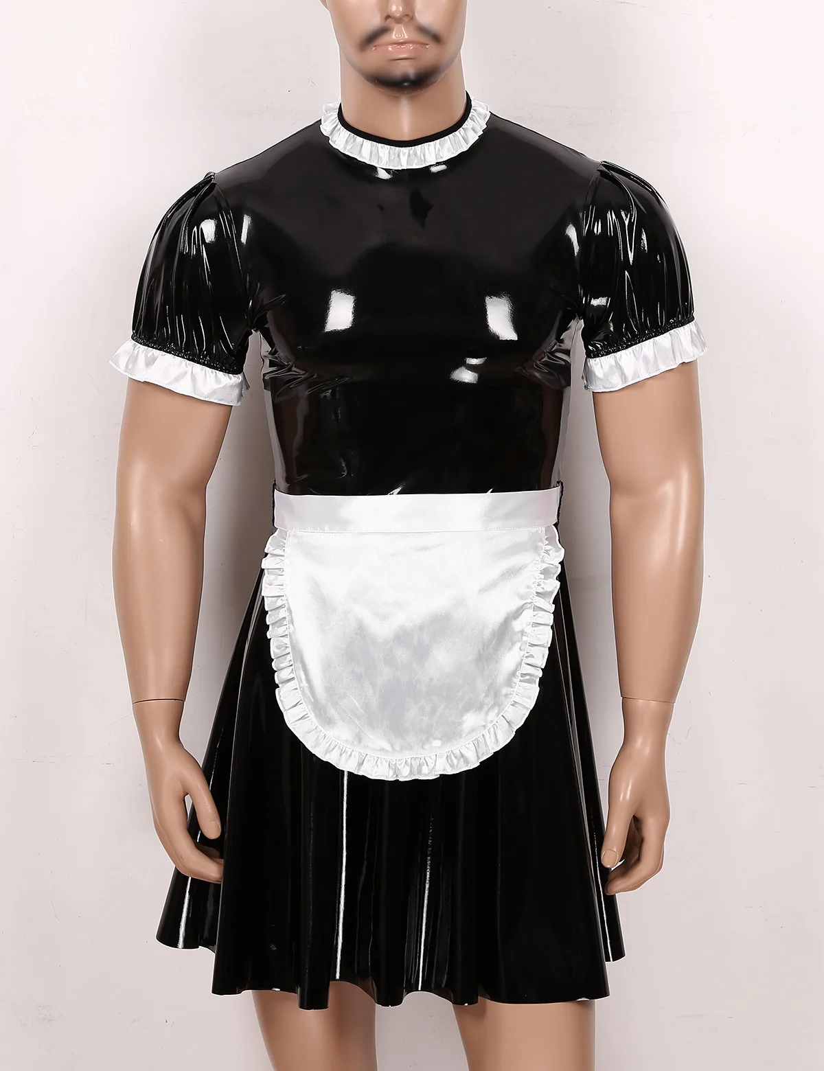 Men Adults Sissy Maid Dresses Cosplay Costume Set Wetlook Patent 