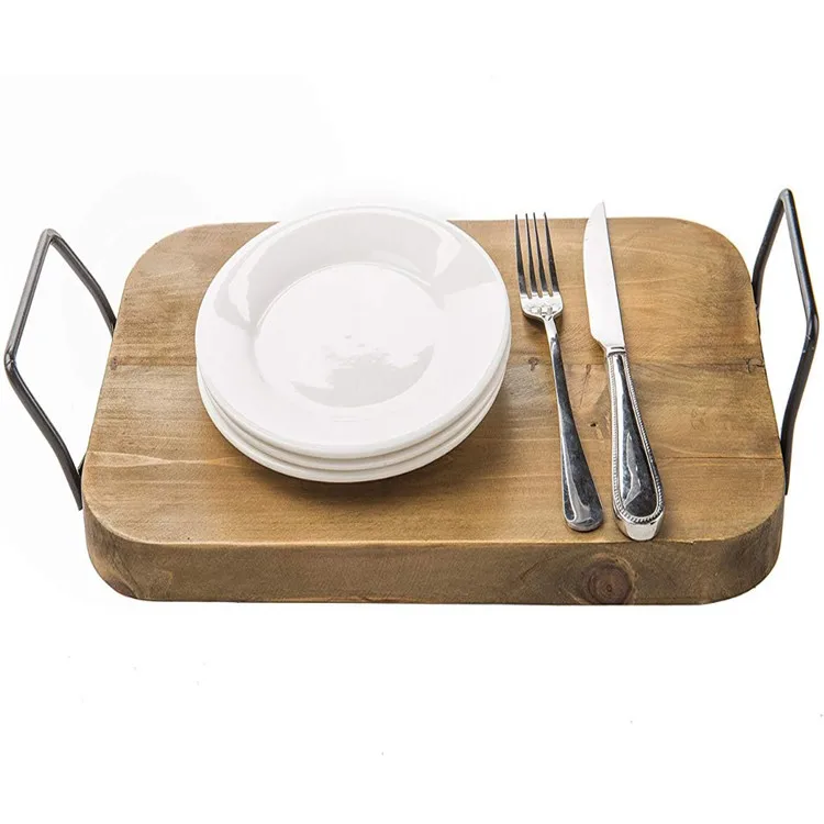 wooden tray with metal handles