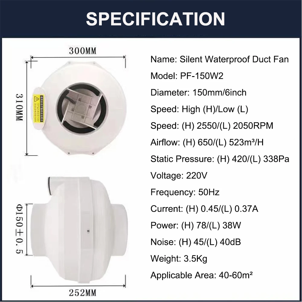 Inline Duct Fan, IP65, Waterproof, Plastic, Brushless - detail 6