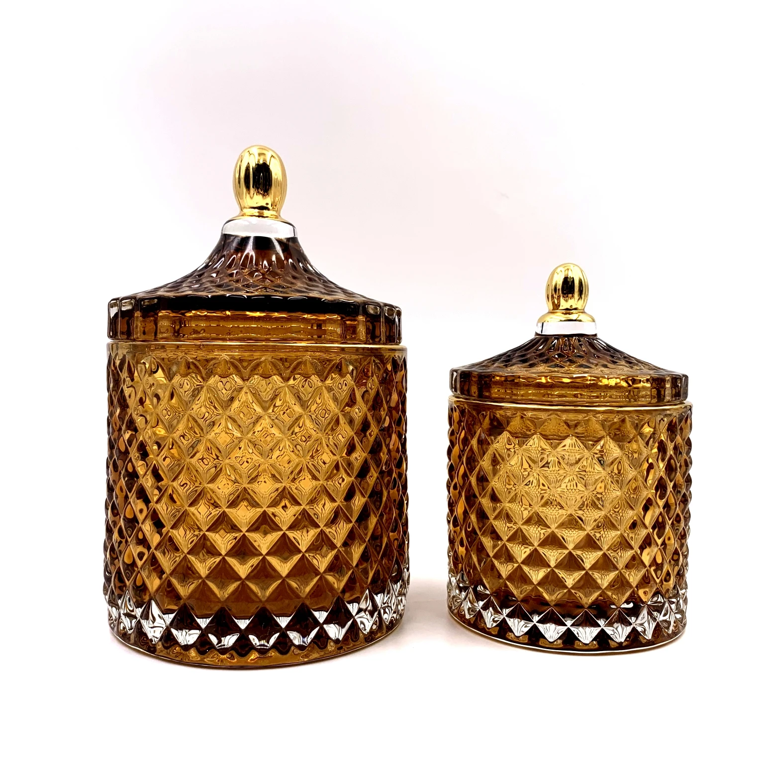 Glass Diamond Geo Cut Amber Shaped Jar For Candle Making With Glass Lid