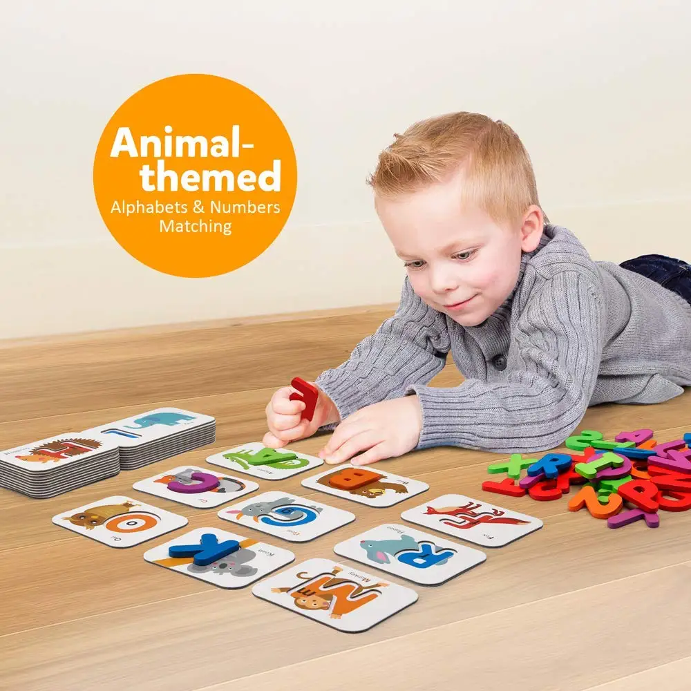 
Montessori Educational Toy Matching Puzzle Game Wooden Letters and Numbers Animal Card Board 
