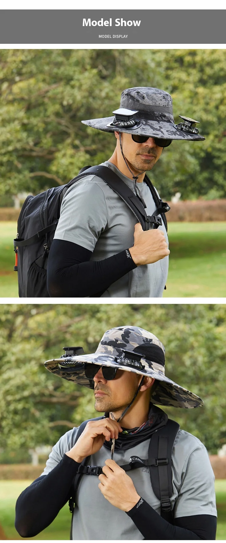 Men's Large Size Quick-Dry Sun Hat Outdoor Camping Hiking Fishing Solar Charging Fisherman Hat Wide Brim Portable Wearable Fans