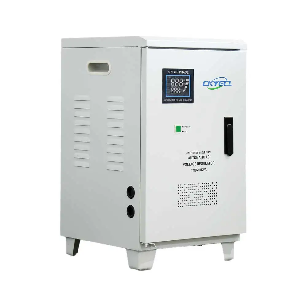Front view of a wall-mounted 10000VA servo stabilizer with digital display and terminals