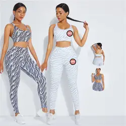 Wholesale Logo Service Zebra Stripes Printed Two Piece Women Workout Sets Gym Wear Fitness Plus Size Activewear