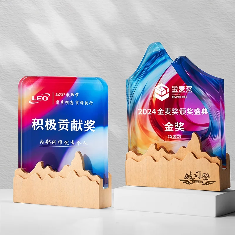 Wholesale  Crystal With Wooden Base Trophy Award Custom Clear Glass Wooden Plaque Awards details