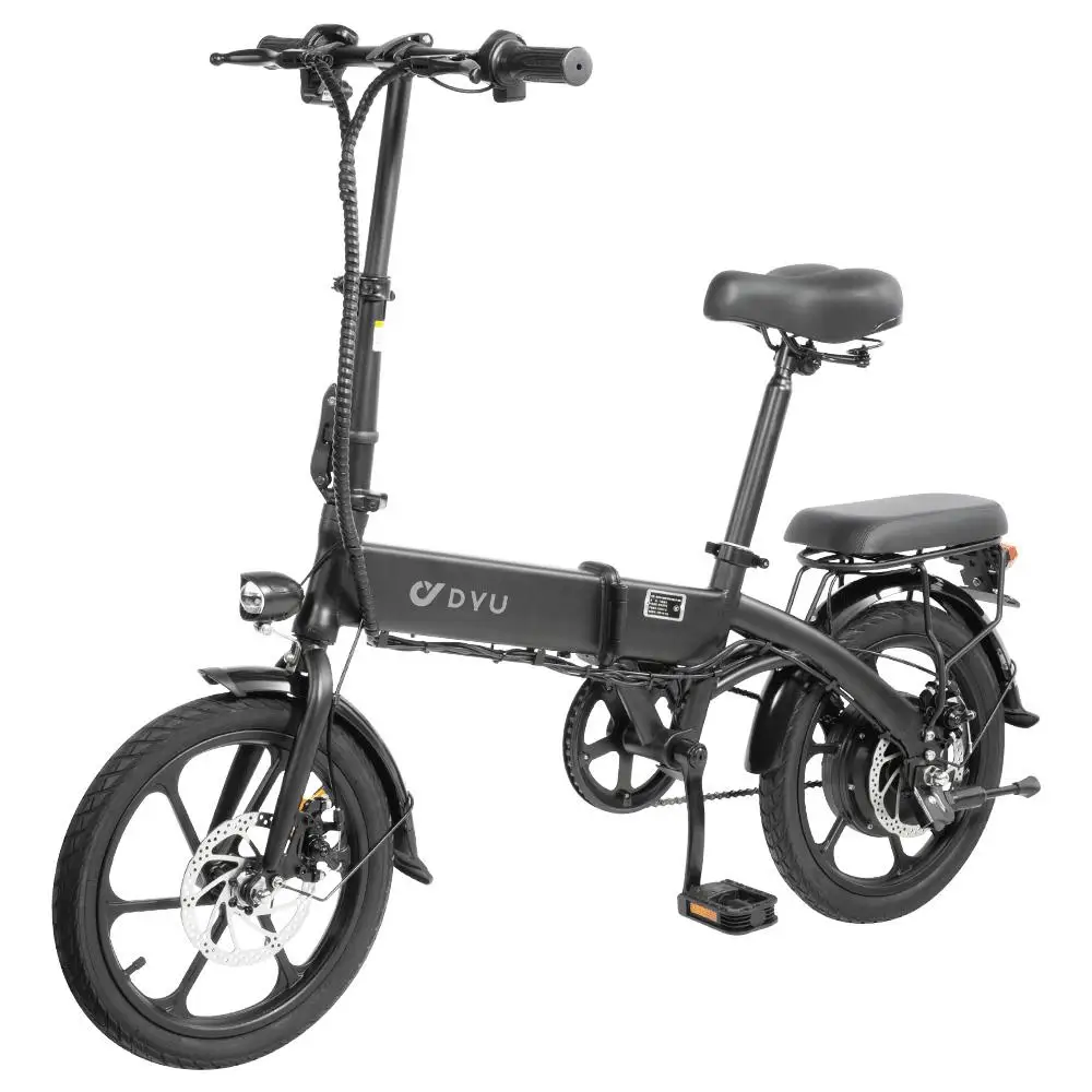 Black DYU A1F folding electric bike with 16-inch wheels and aluminum alloy frame, featuring a 36V 7.5Ah lithium battery and 250W rear hub motor, equipped with disc brakes, front fork and seat suspension. The e-bike supports a max load of 120kg, offers a mileage range of 30-60KM, and can reach speeds of up to 25km/h. The integrated battery design allows for more than 60 km range per power, with a charging time of over 3 hours. The compact bike is ideal for urban commuting with adjustable gears and a net weight of 22kg, ensuring a blend of performance and convenience.
