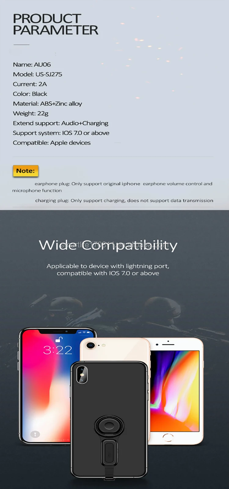 USAMS Dual Aux Audio Cable Adapter Earphone Headphone Games Charging Adapter With Finger Ring Holder for iphone