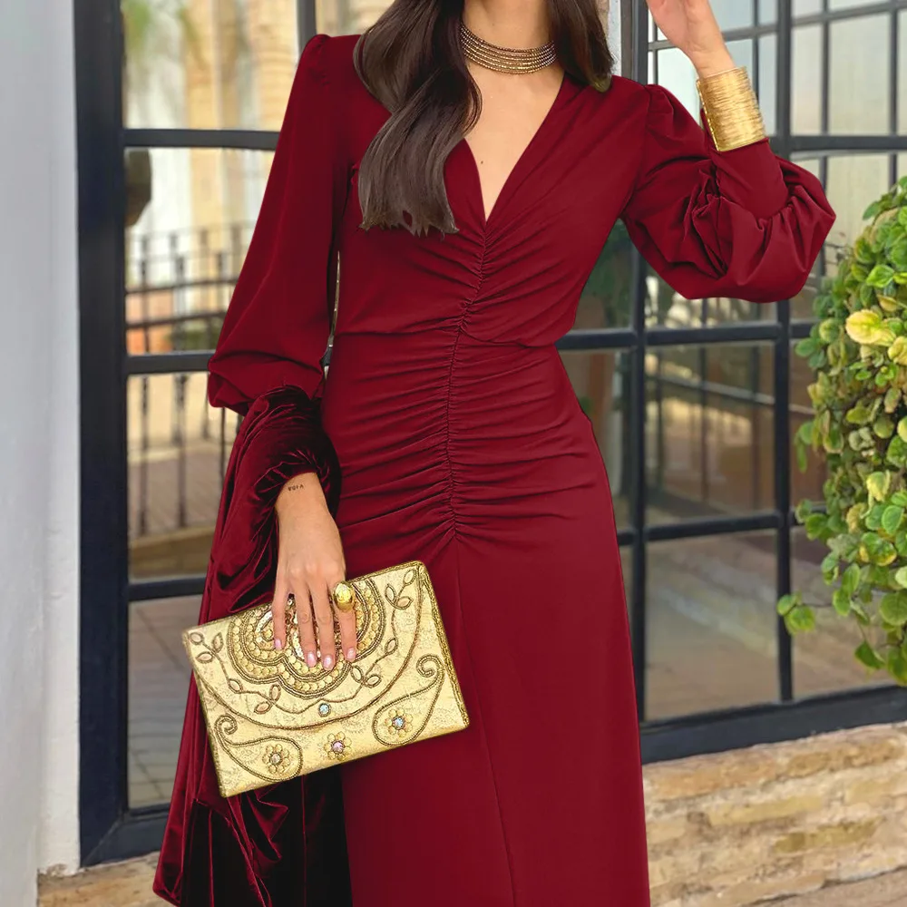 Elegant Floor-Length Floral 3D Pattern Dress Long French Skirt Translucent Features Lantern Sleeve Ruched Ruffles for Women XL