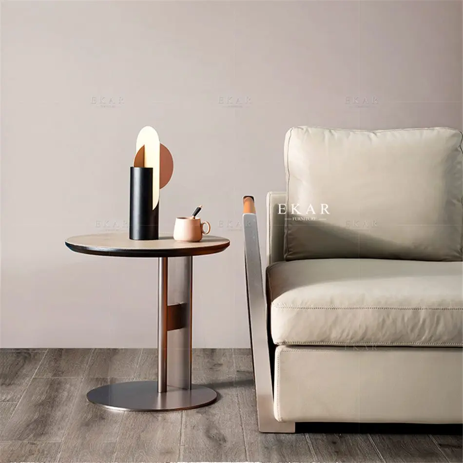 product nordic luxury modern style home furniture stainless steel base round side table corner coffee tables with leather top-62