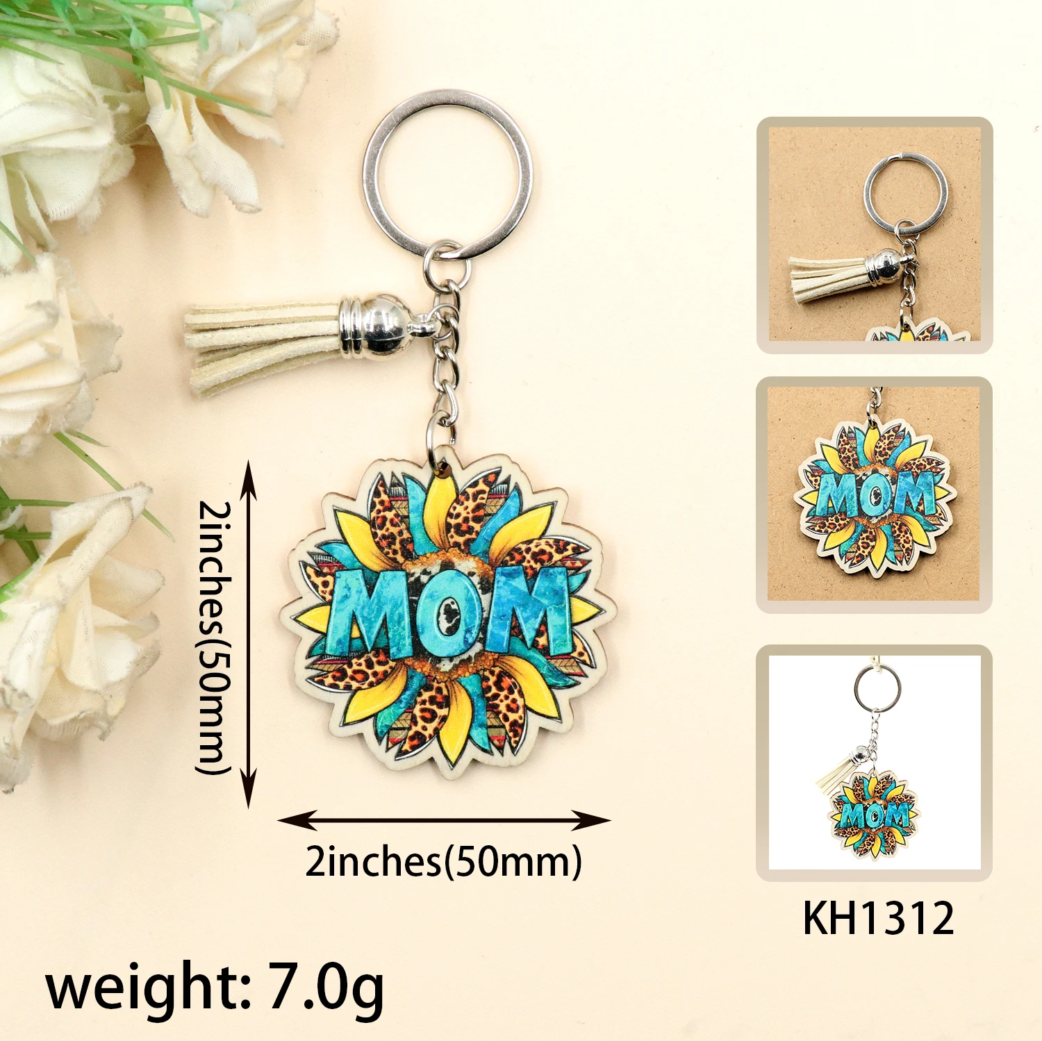 KH1312 New Cross border Sunflower Vintage Mom Keychain MOM Mother's Day Gift Wooden Keychain factory