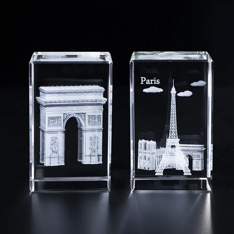 Small-bridge 3D laser crystal cube famous building Triumphal Arch Eiffel Tower tourist gift details