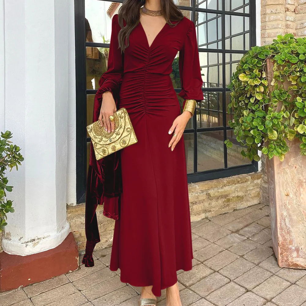 Elegant Floor-Length Floral 3D Pattern Dress Long French Skirt Translucent Features Lantern Sleeve Ruched Ruffles for Women XL