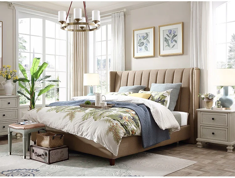 European Style Room Wood Double Bed And Mattress Set Design Upholstered Fabric Bed