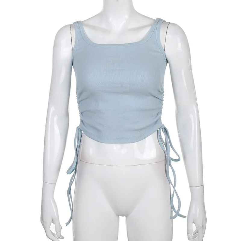 Hot Popular Ribbed Sexy Tank Tops Summer Women Lace Up Bandage Sleeveless Knitted Solid Baby