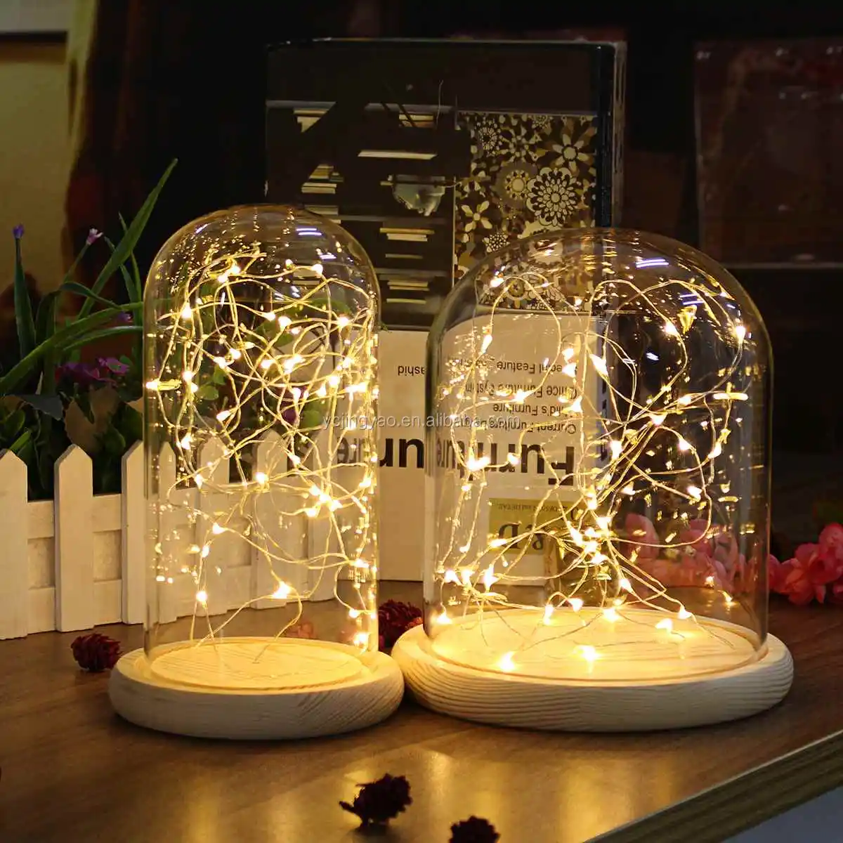 Glass Dome Cloche Cover Bell Jar with LED Light Flower Ornament Tabletop Display 