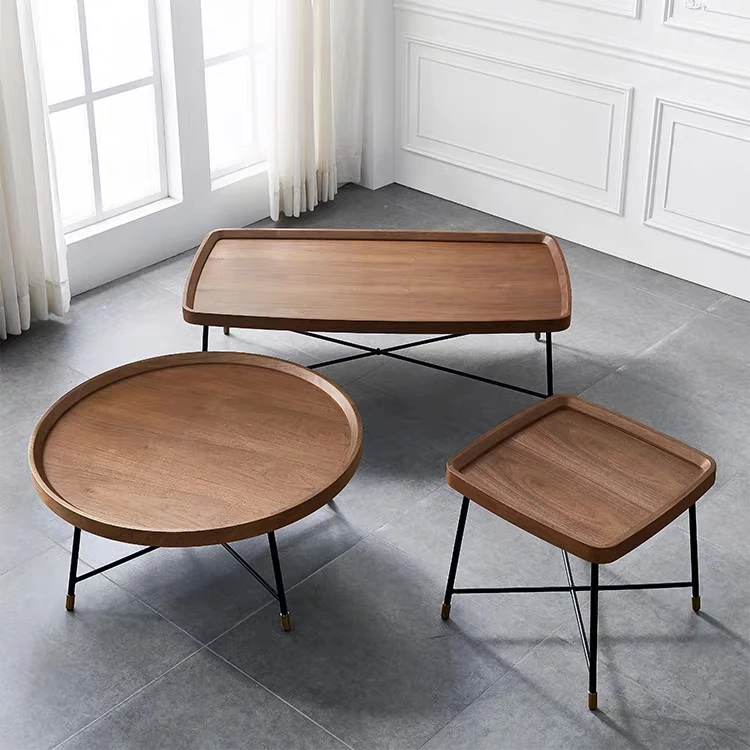 现代设计家居家具木制胡桃木单板咖啡桌金属腿矩形形状 - buy walnut 