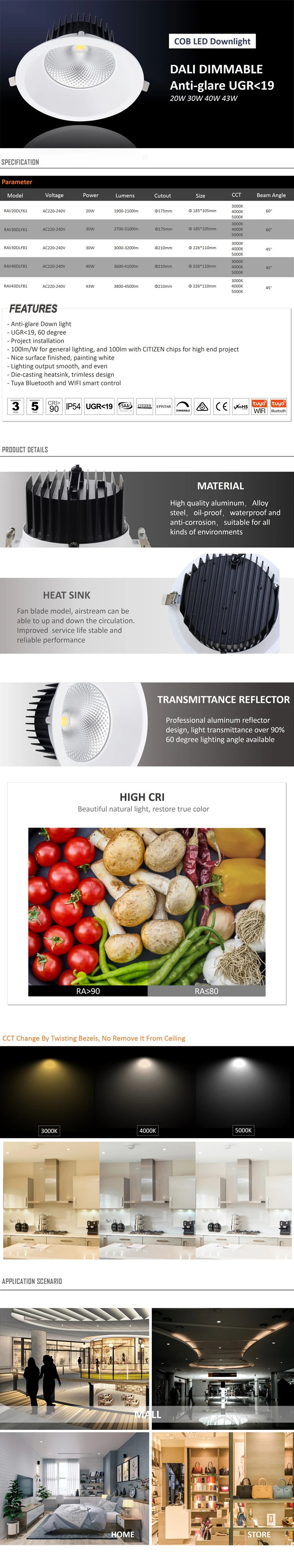 Anti-glare Led Recessed 30W Dimmable Round COB New LED Downlight