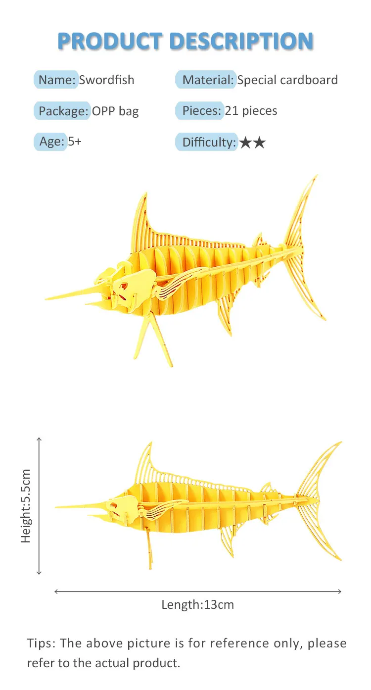2021 Kids Toys Paper Crafts Marine Life Yellow Swordfish Diy 3d