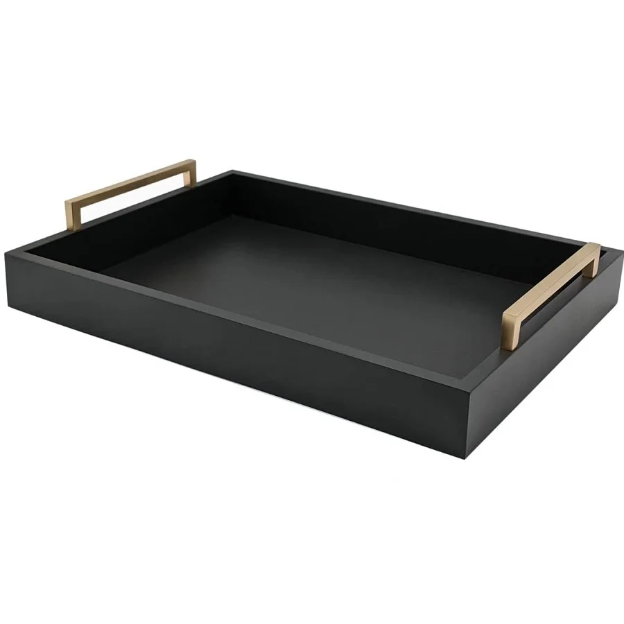 PHOTA serving wood Ottoman tray with square metal handle