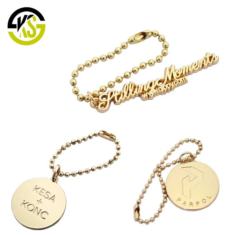 Bag hardware custom engraved metal alphabet logo label with ball chain for handbags