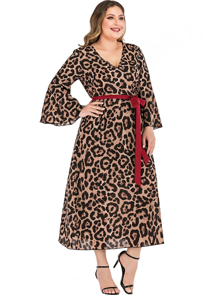 Spring Women Loose Long Sleeve V Neck Red Tie Lace Up Sexy Plus Size Leopard Maxi Dress