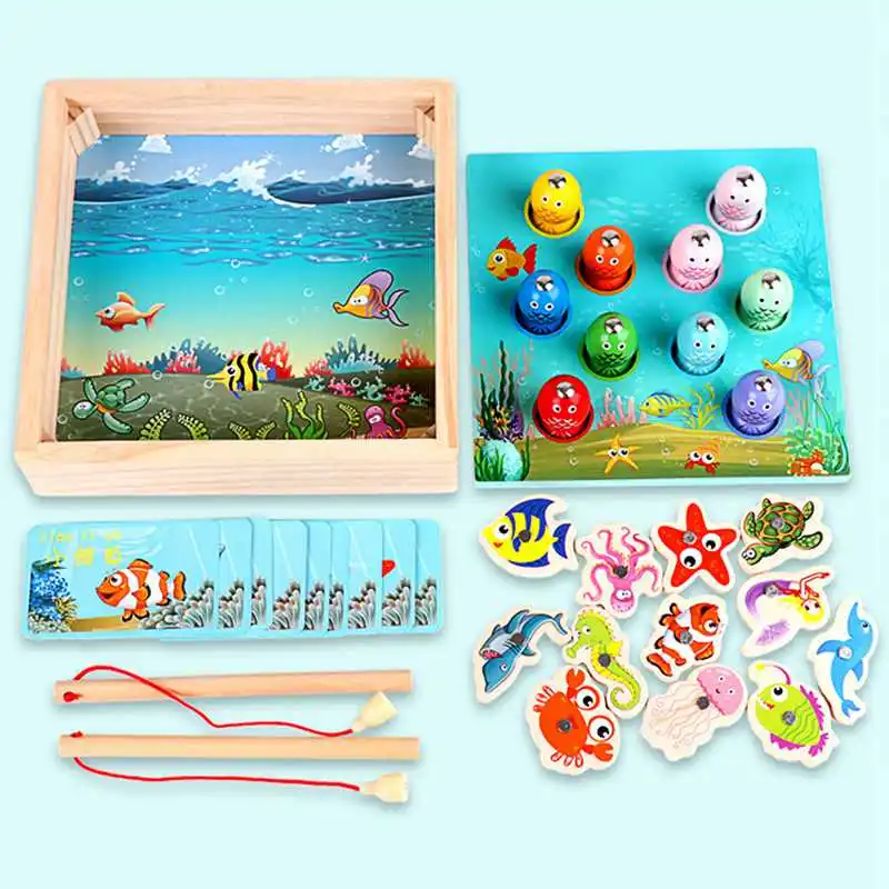 Children Wooden Toys Magnetic Games Fishing Toy Game Kids 3D Fish