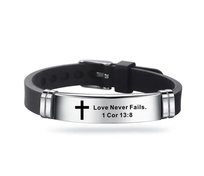 New Design Bible Verse Bracelets Men Silicone Bracelet Bible Prayer Quotes Christian Prayer Cross Engraved Statement Bracelet