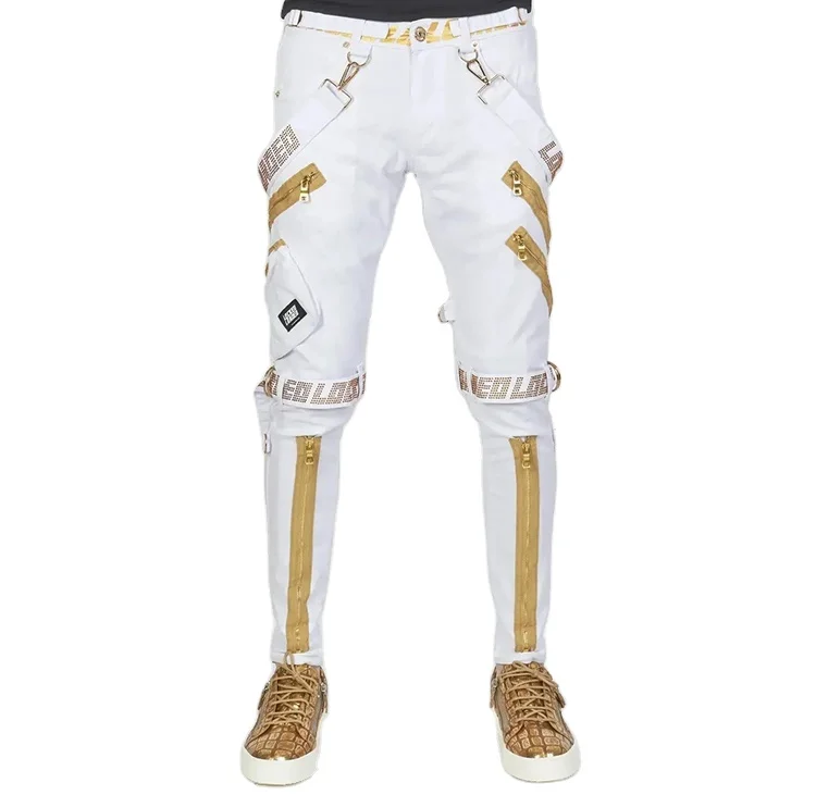 Custom High Quality Men White Denim Jeans Reflective Strap Jeans Calf