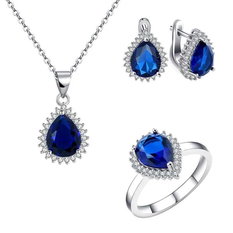 
925 sterling silver high-grade sapphire water droplets shine zircon Royal Princess Jewelry Set 