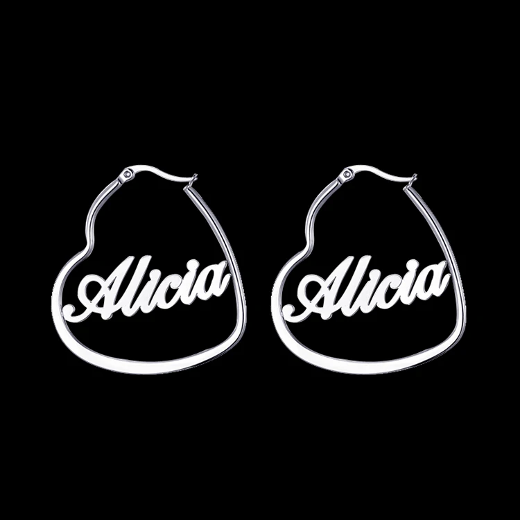 Stainless Steel Jewelry Personalized Heart Hoop Earring Custom Silver Name plate Earrings For best friend gift