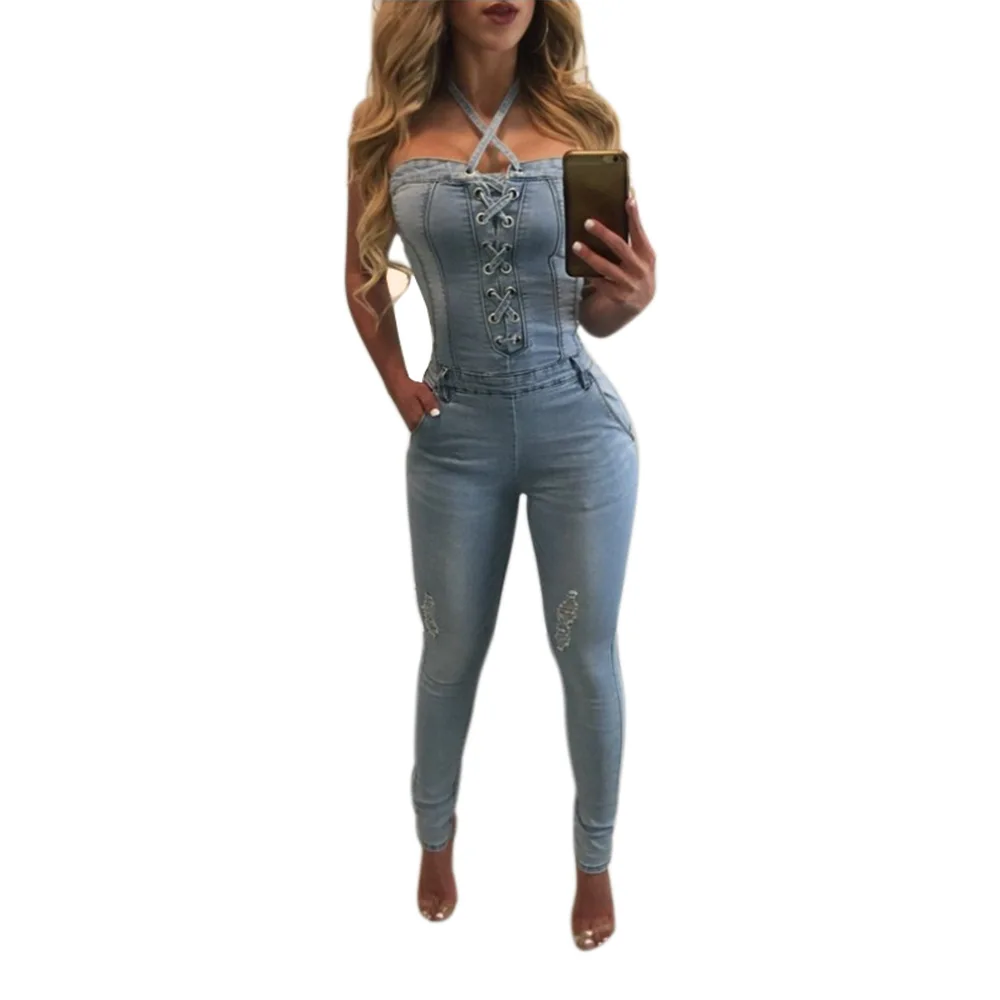 Euramerican Wholesale Women Laceup Jumpsuit Denim Stretch Halter Neck