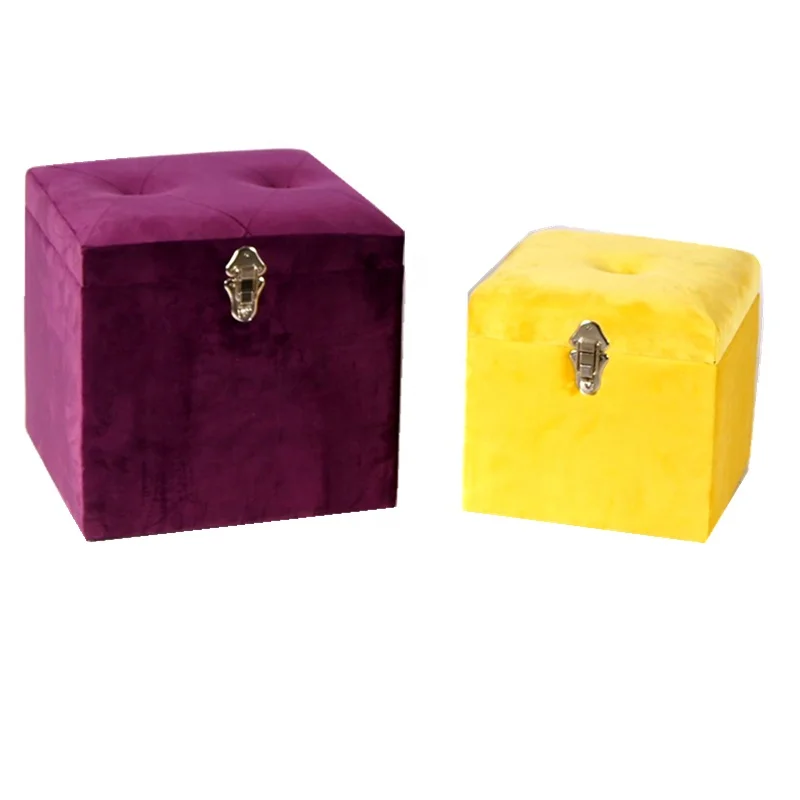 
2020 Home Furniture Country Style Purple and Yellow Velvet Set 2 Storage Box Upholstered Ottoman 