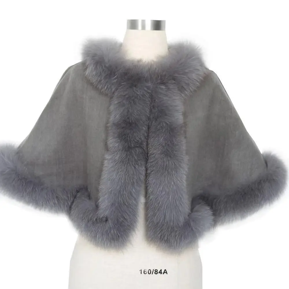 
High quality fashion design soft fur trim knit cape for women custom luxury poncho ladies winter fur cape coat 