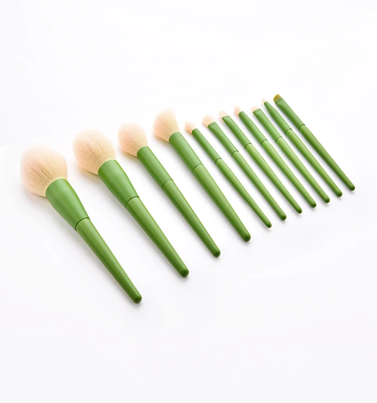 High End 11pcs Light Green Handle Brown Hair High Quality Makeup