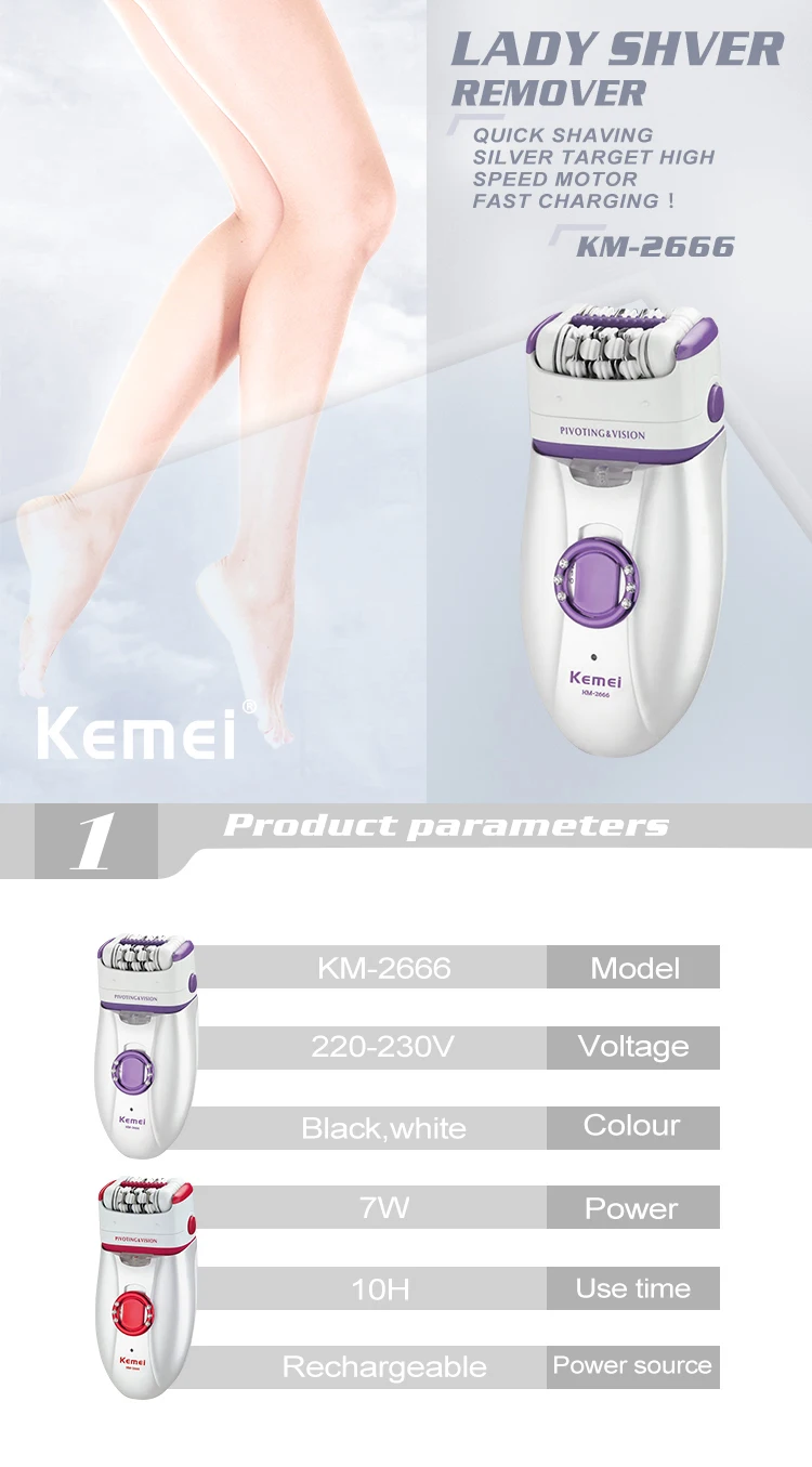 Kemei KM-2666 Led Double Head Epilator Electric Shaver Callus Remover Massager Hair Remover Women Grooming Kit
