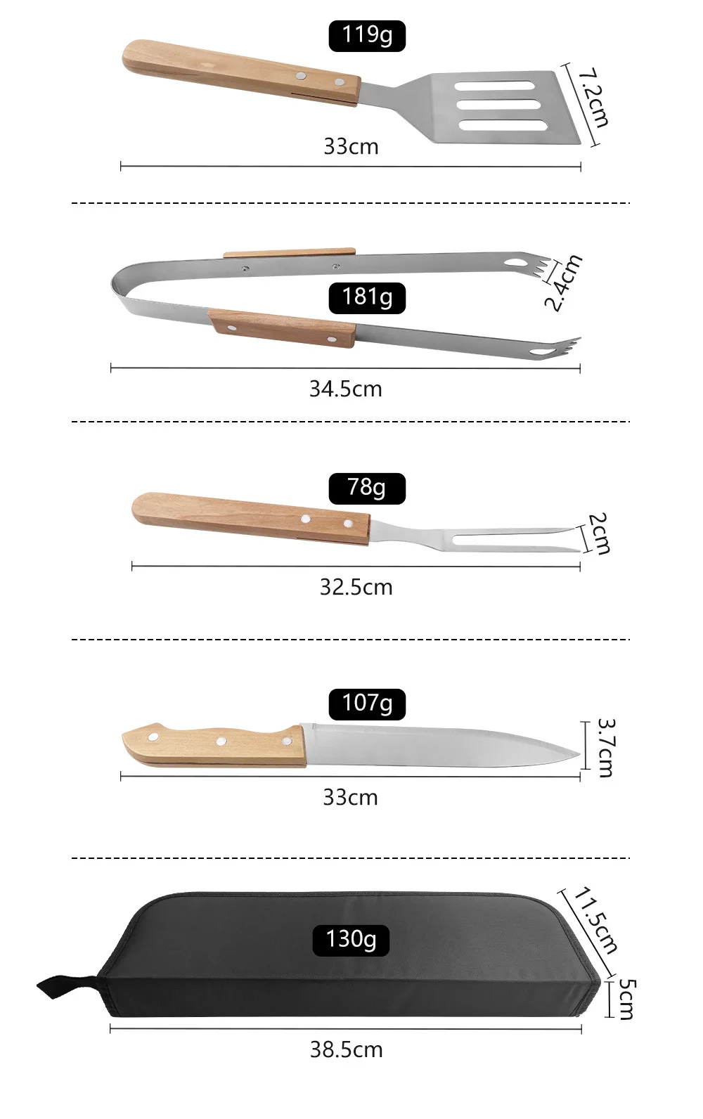 Outdoor BBQ grill set suitable for outdoor charcoal grilling home use includes tongs wooden-handled kitchen knife manufacture