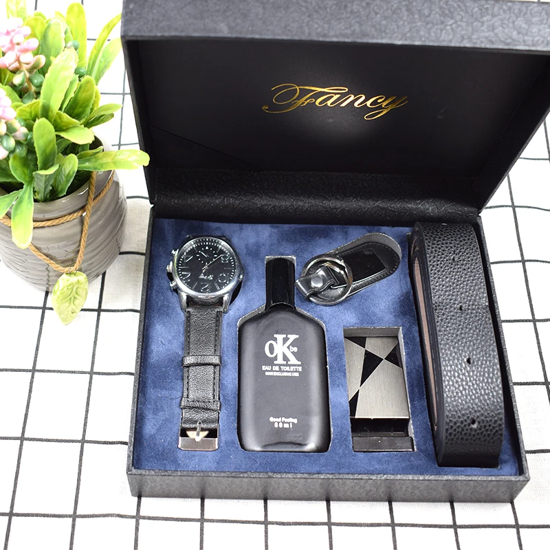 Latest Men Black Perfume Watch Belt Keychain Business Gift Set For
