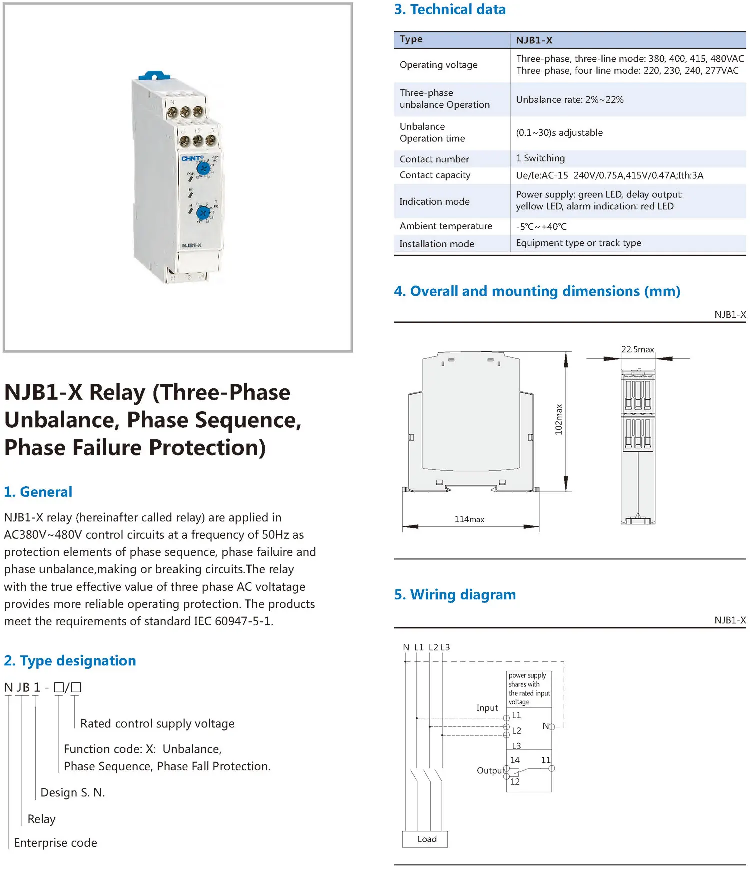 Chint original NJB1-X Three phase Unbalance Phase sequence Phase Failure protection Relay