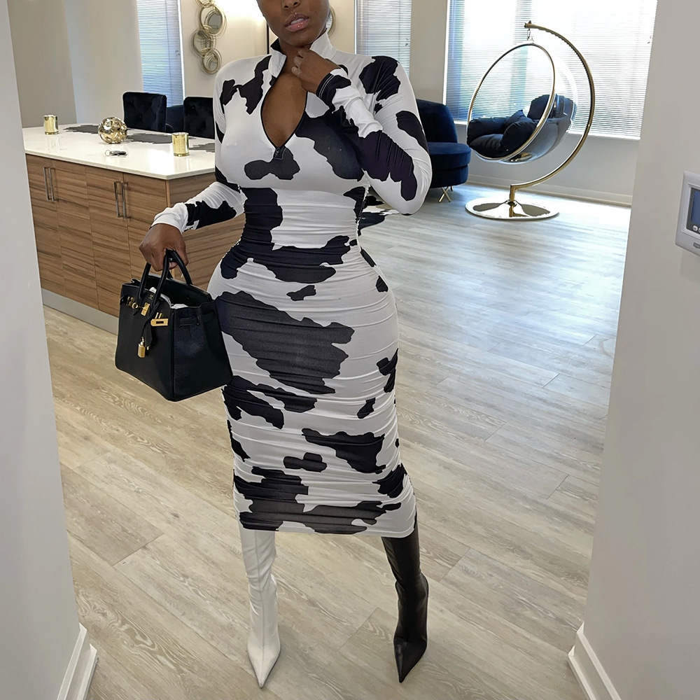 

Plus 2XL Cow Print Embroided Fabric For Women Dress Vintage Elegant Turtle Neck Latest Dress Woman Clothes 2020 Trending Dresses