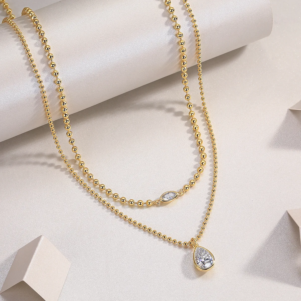 925 Sterling Silver Vintage Trendy Moissanite Diamond Necklace Stacked Gold Beads Clavicle Chain Non-Fading Party Wedding Gift