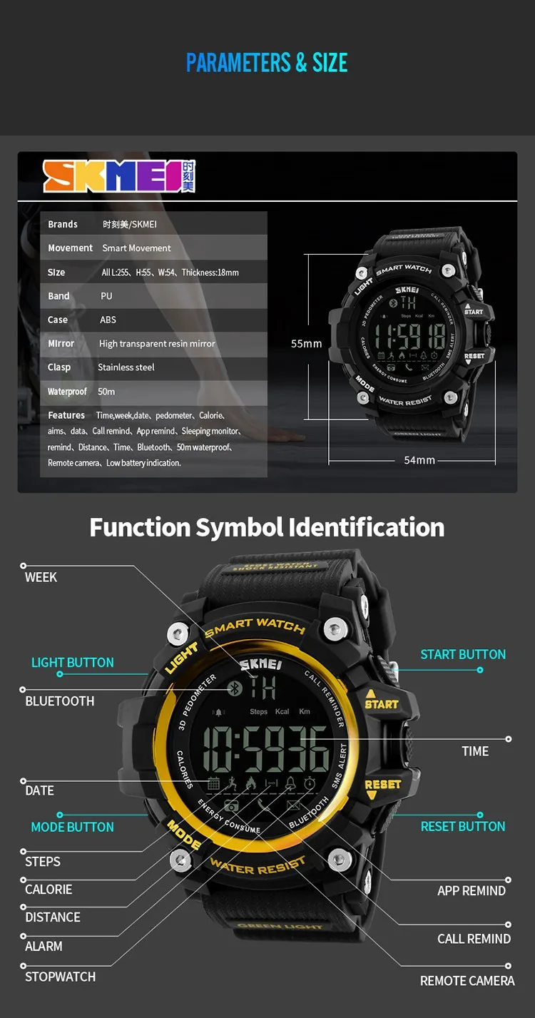 Men Sport Pedometer Watch Women Fashion Outdoor Digital Watches Calorie Tracker Bluetooth ios Android Skmei Fitness Smart Watch